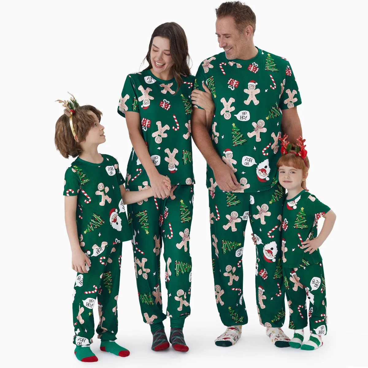 Green Short Sleeve Christmas Pajama Allover Gingerbread Santa Tree Gifts Print