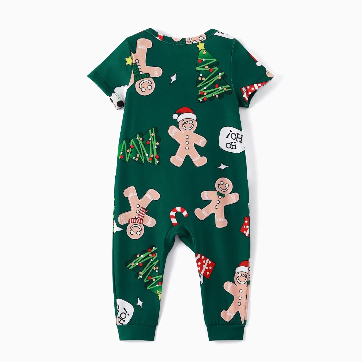 Green Short Sleeve Christmas Pajama Allover Gingerbread Santa Tree Gifts Print