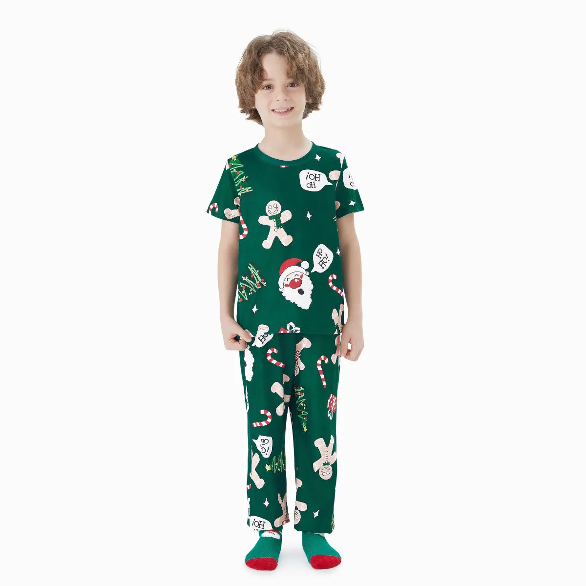 Green Short Sleeve Christmas Pajama Allover Gingerbread Santa Tree Gifts Print