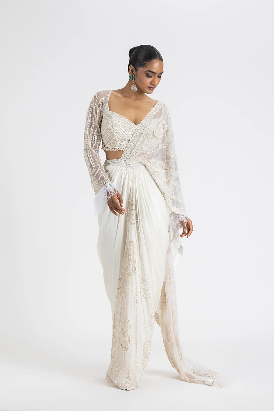 IVORY SATIN PRE-DRAPED SAREE