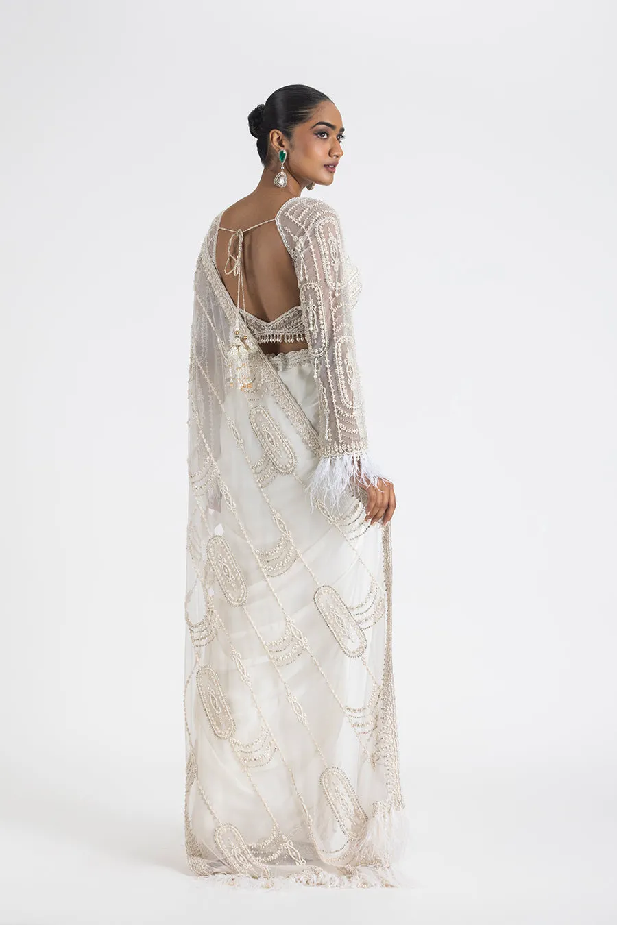 IVORY SATIN PRE-DRAPED SAREE