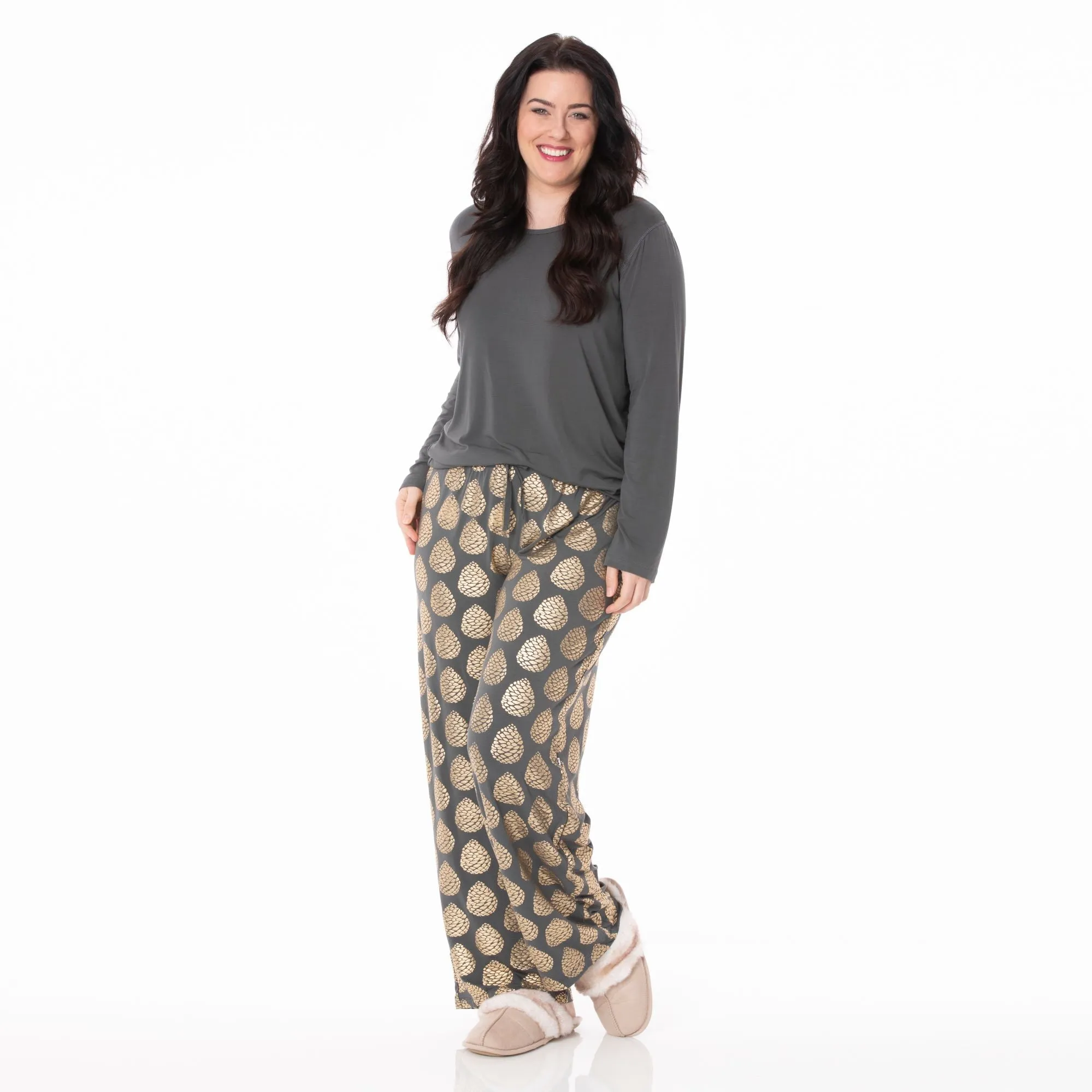 KicKee Pants Pewter Pinecones Women's L/S Loosey Goosey Tee & Pant Set