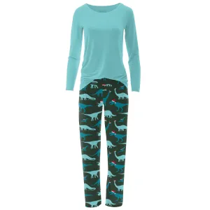 KicKee Pants Santa Dinos Women's L/S Loosey Goosey Tee & Pant Set