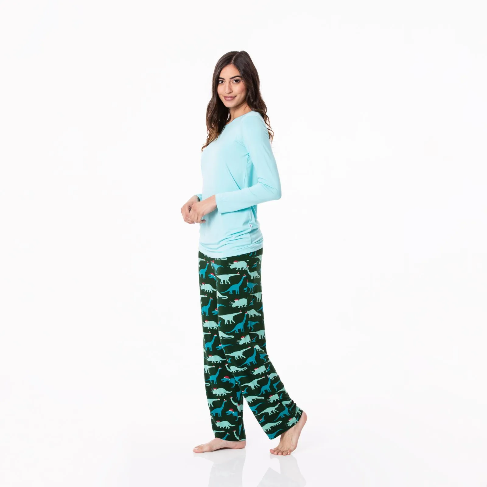 KicKee Pants Santa Dinos Women's L/S Loosey Goosey Tee & Pant Set