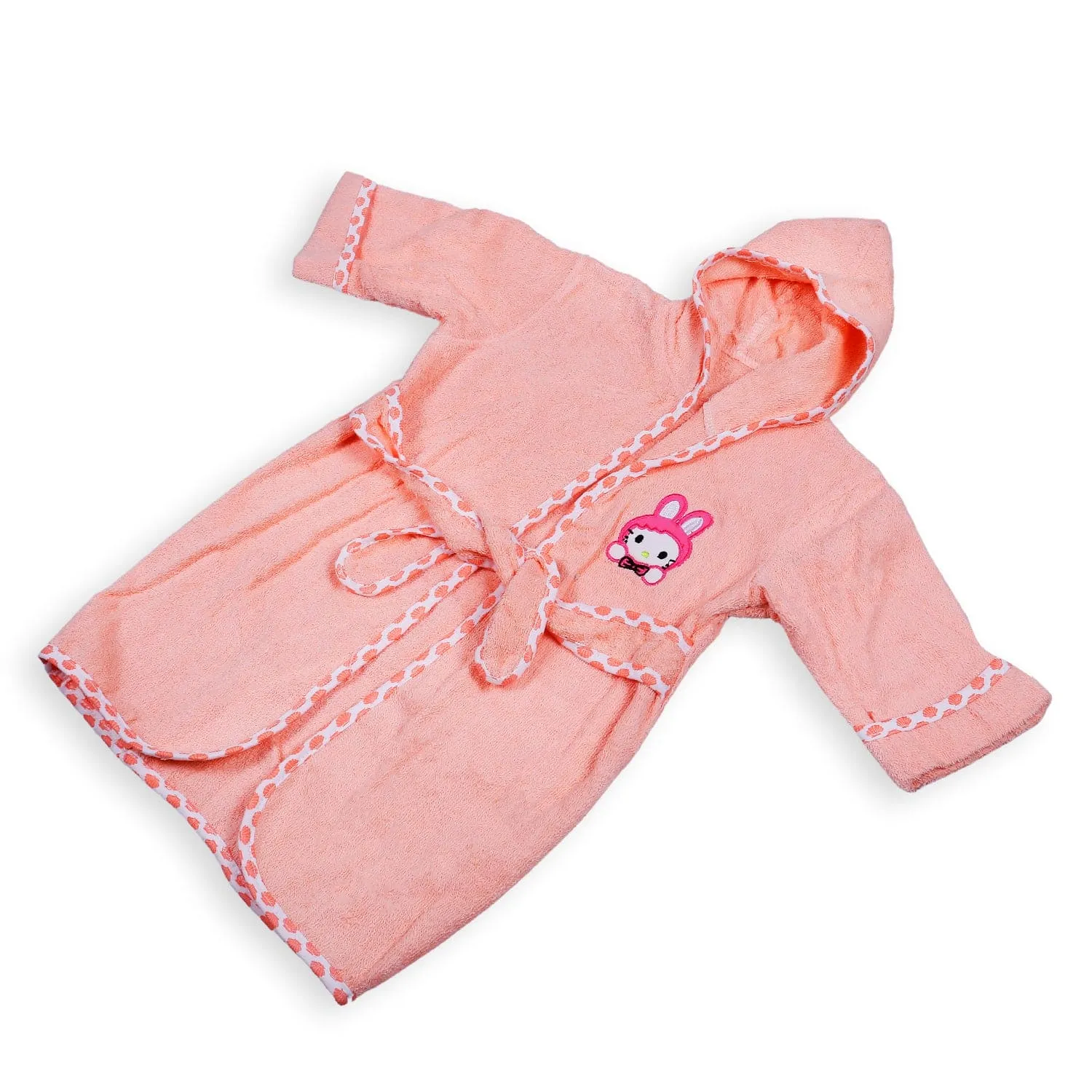 Kitty Embroidery Cotton Hooded Full Sleeves Bathrobe - Peach