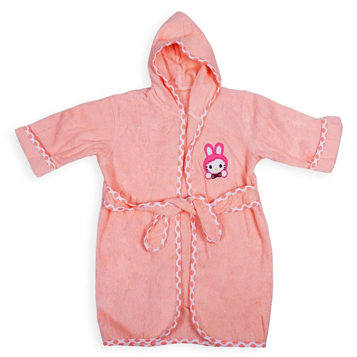 Kitty Embroidery Cotton Hooded Full Sleeves Bathrobe - Peach