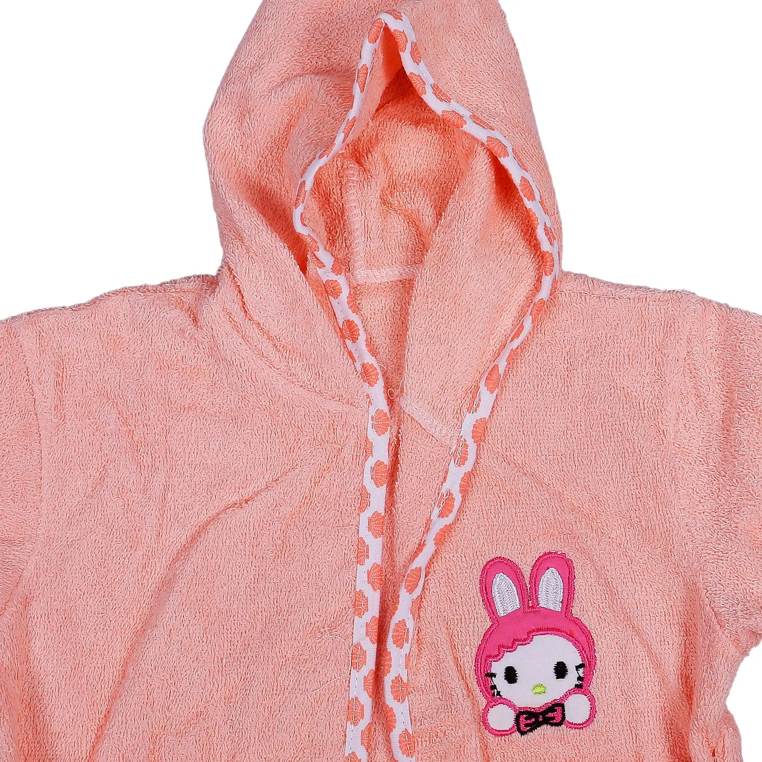 Kitty Embroidery Cotton Hooded Full Sleeves Bathrobe - Peach