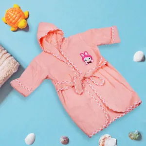 Kitty Embroidery Cotton Hooded Full Sleeves Bathrobe - Peach