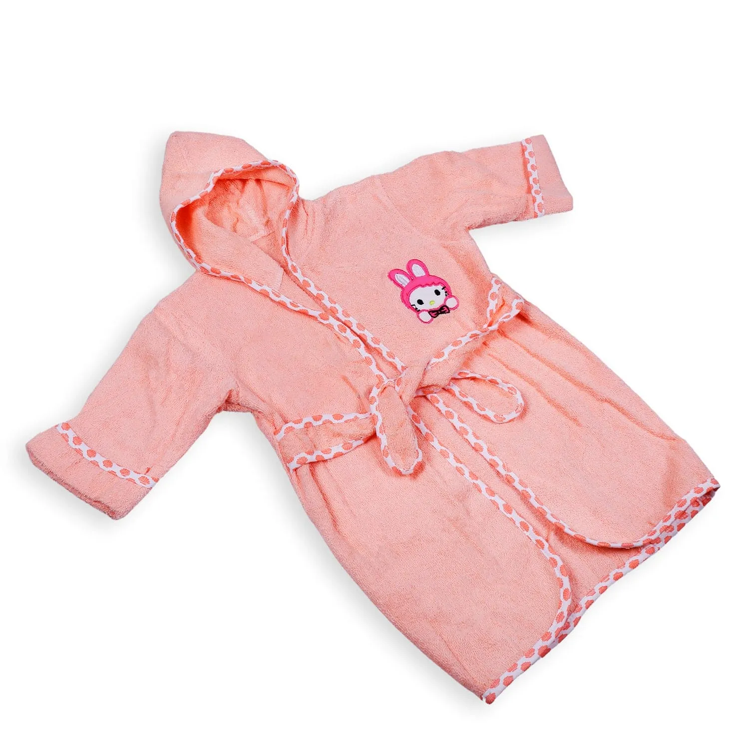 Kitty Embroidery Cotton Hooded Full Sleeves Bathrobe - Peach