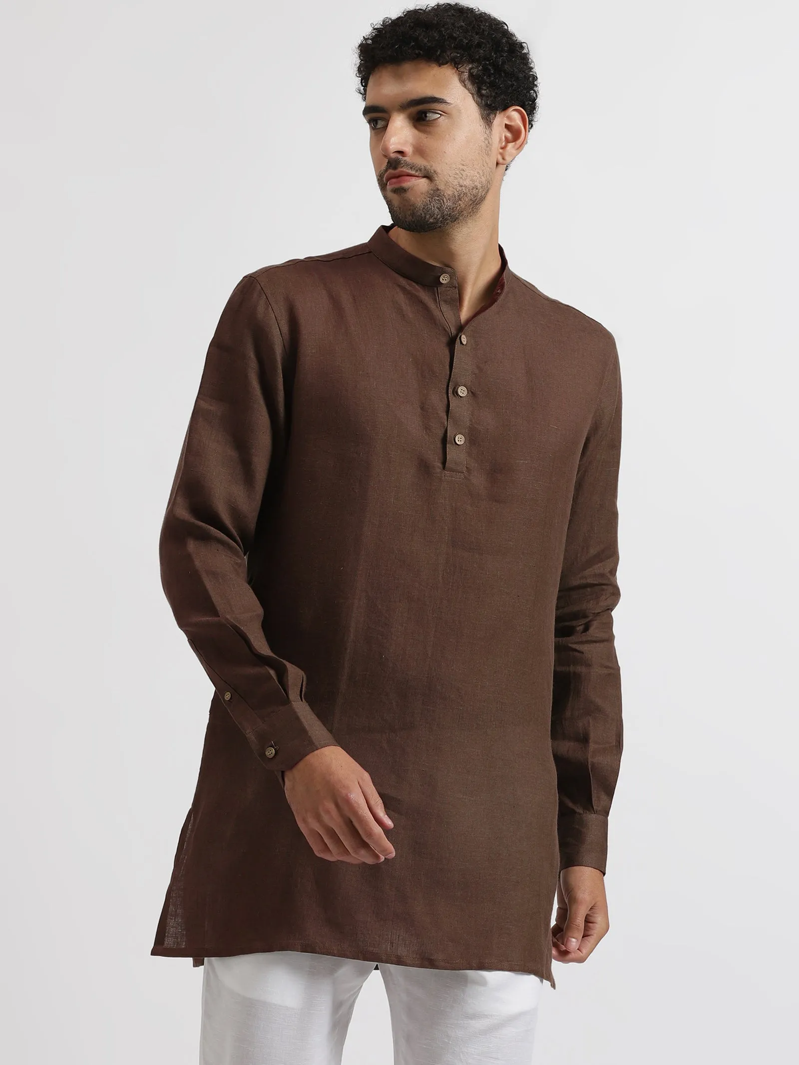 Kurta Sets - Parker Pure Linen Short Kurta | Coffee Brown