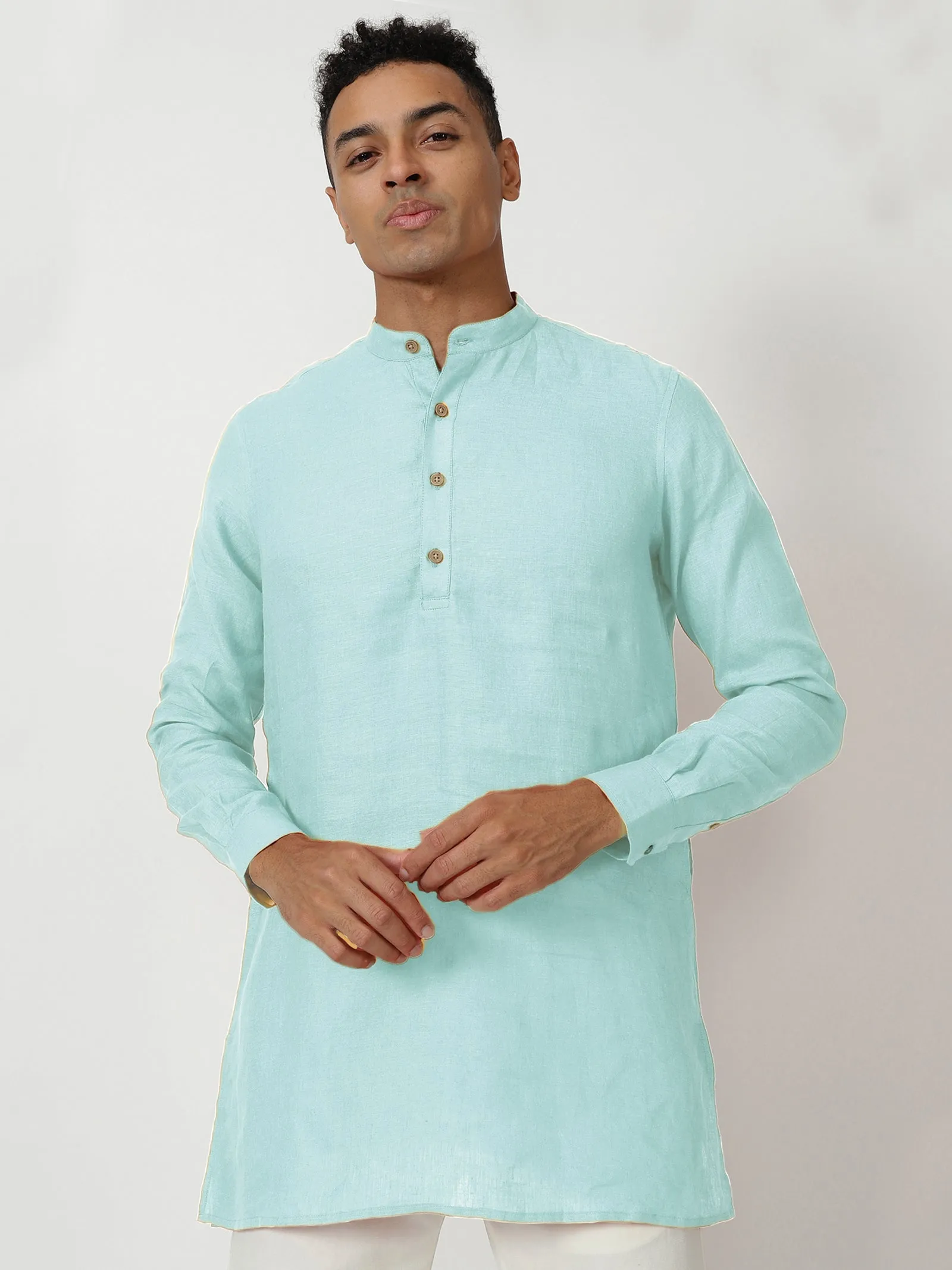 Kurta Sets - Parker Pure Linen Short Kurta | Cyan Blue