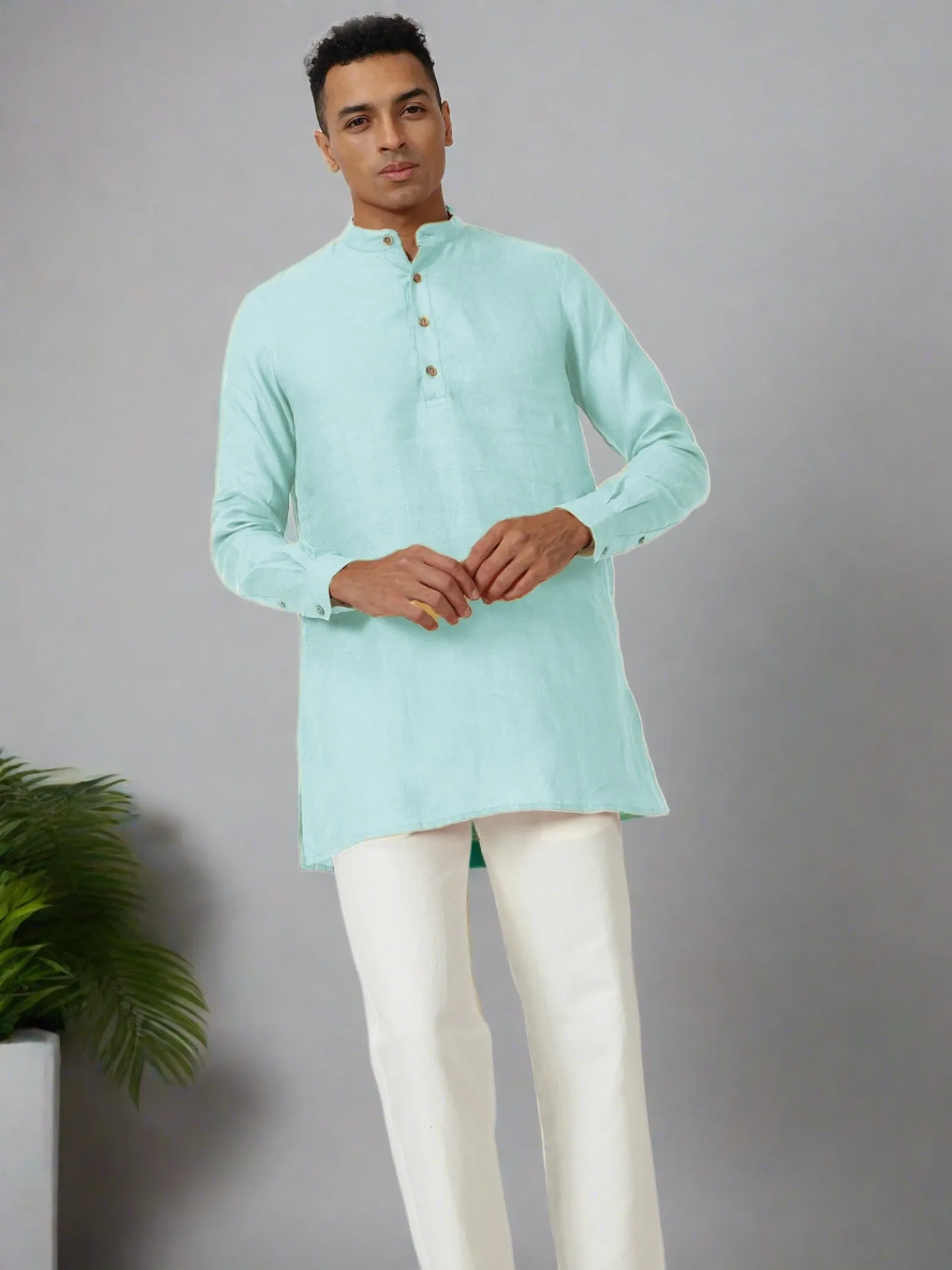 Kurta Sets - Parker Pure Linen Short Kurta | Cyan Blue