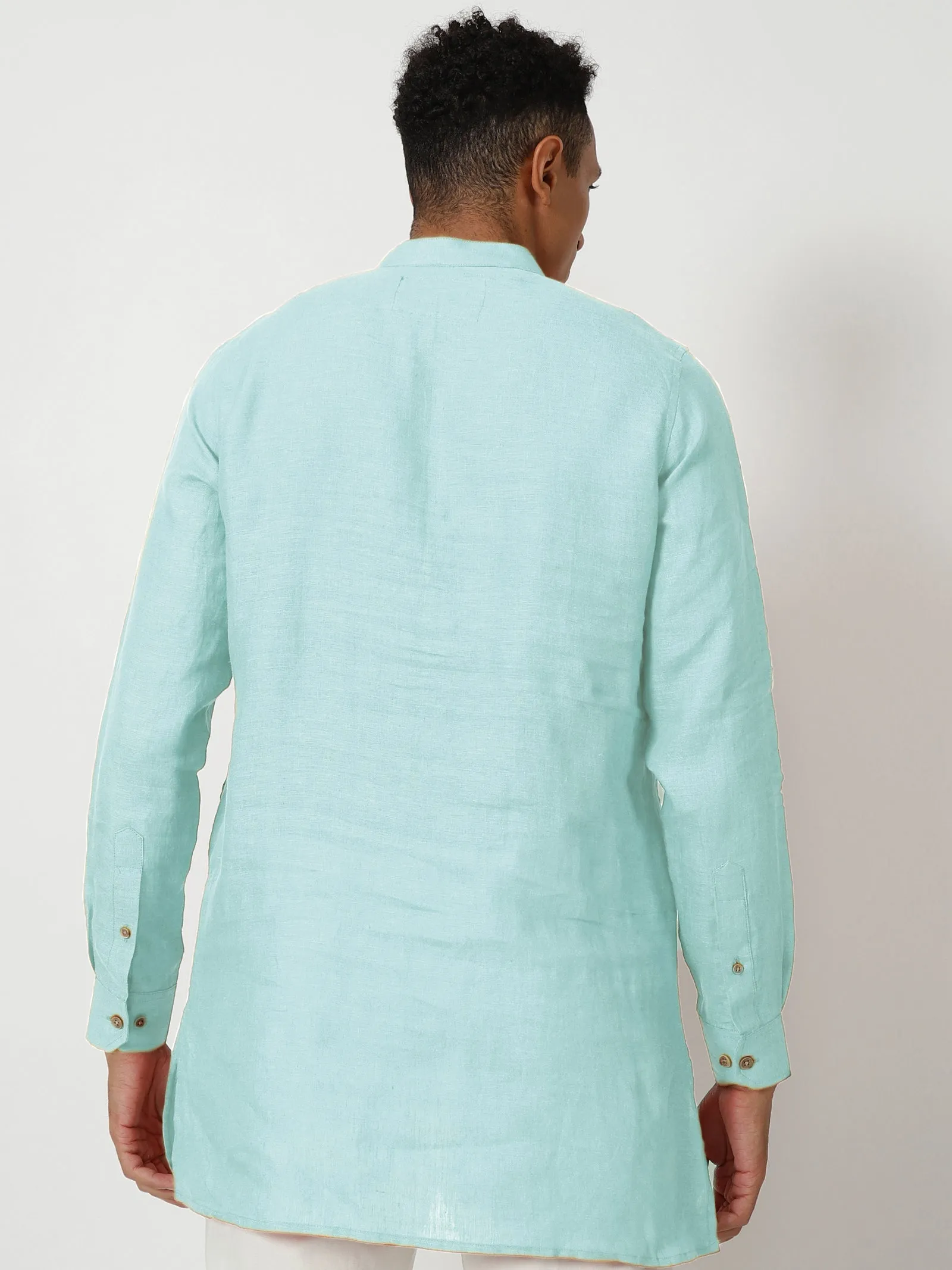 Kurta Sets - Parker Pure Linen Short Kurta | Cyan Blue