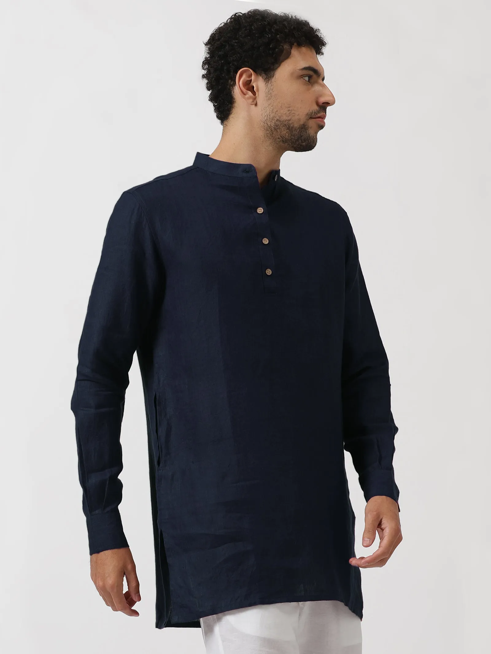 Kurta Sets - Parker Pure Linen Short Kurta | Dark Blue