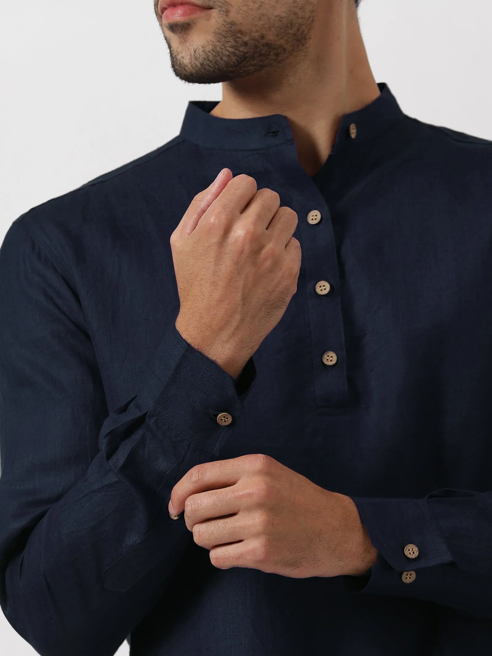 Kurta Sets - Parker Pure Linen Short Kurta | Dark Blue