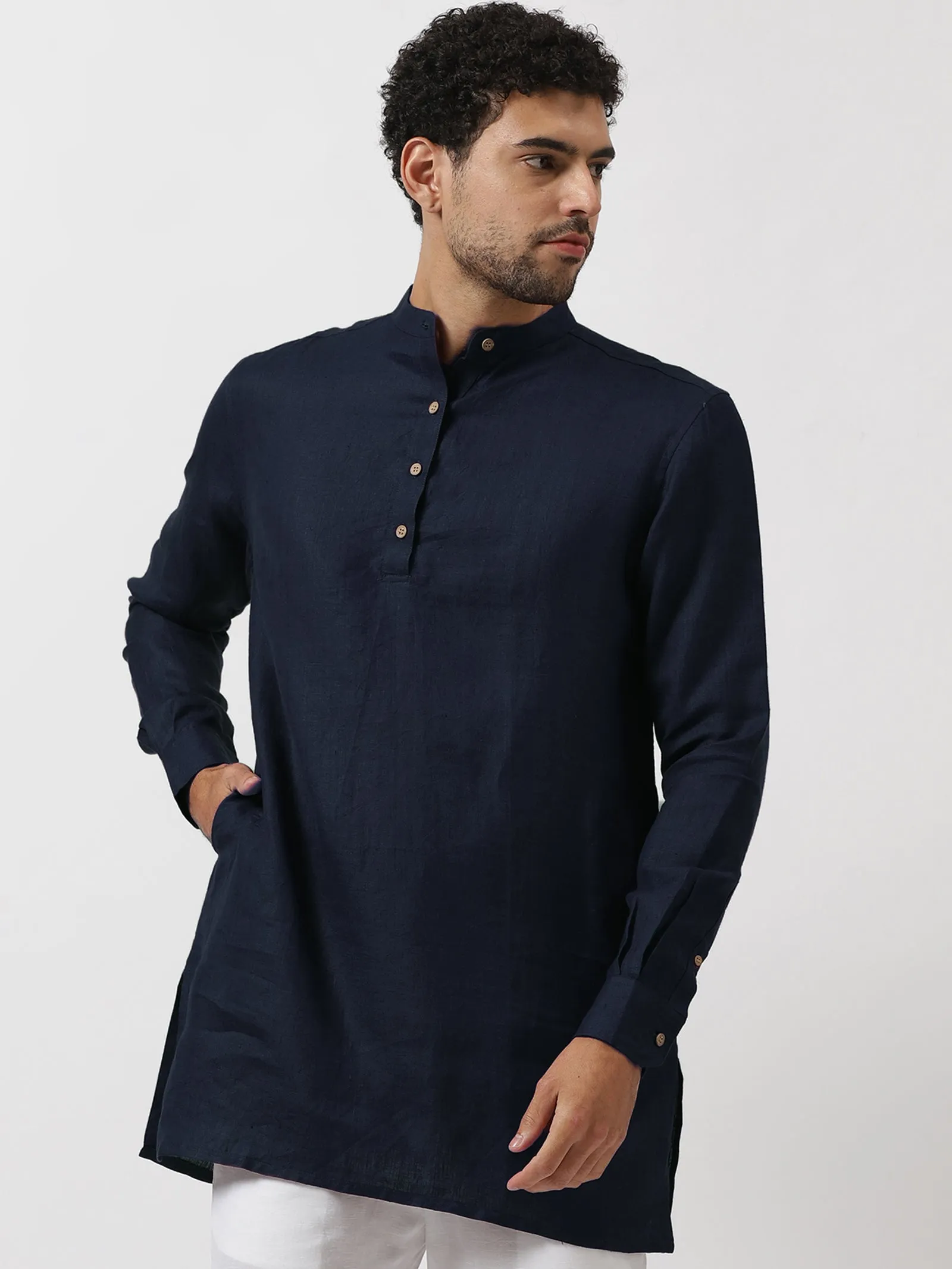 Kurta Sets - Parker Pure Linen Short Kurta | Dark Blue