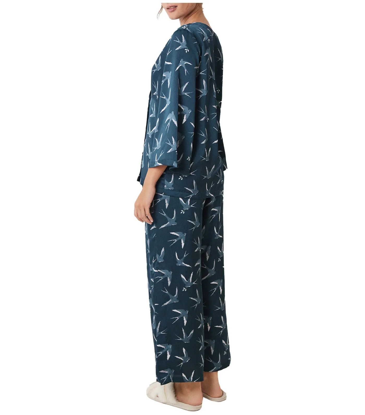 Long Satin Pajamas with Bird Print Green