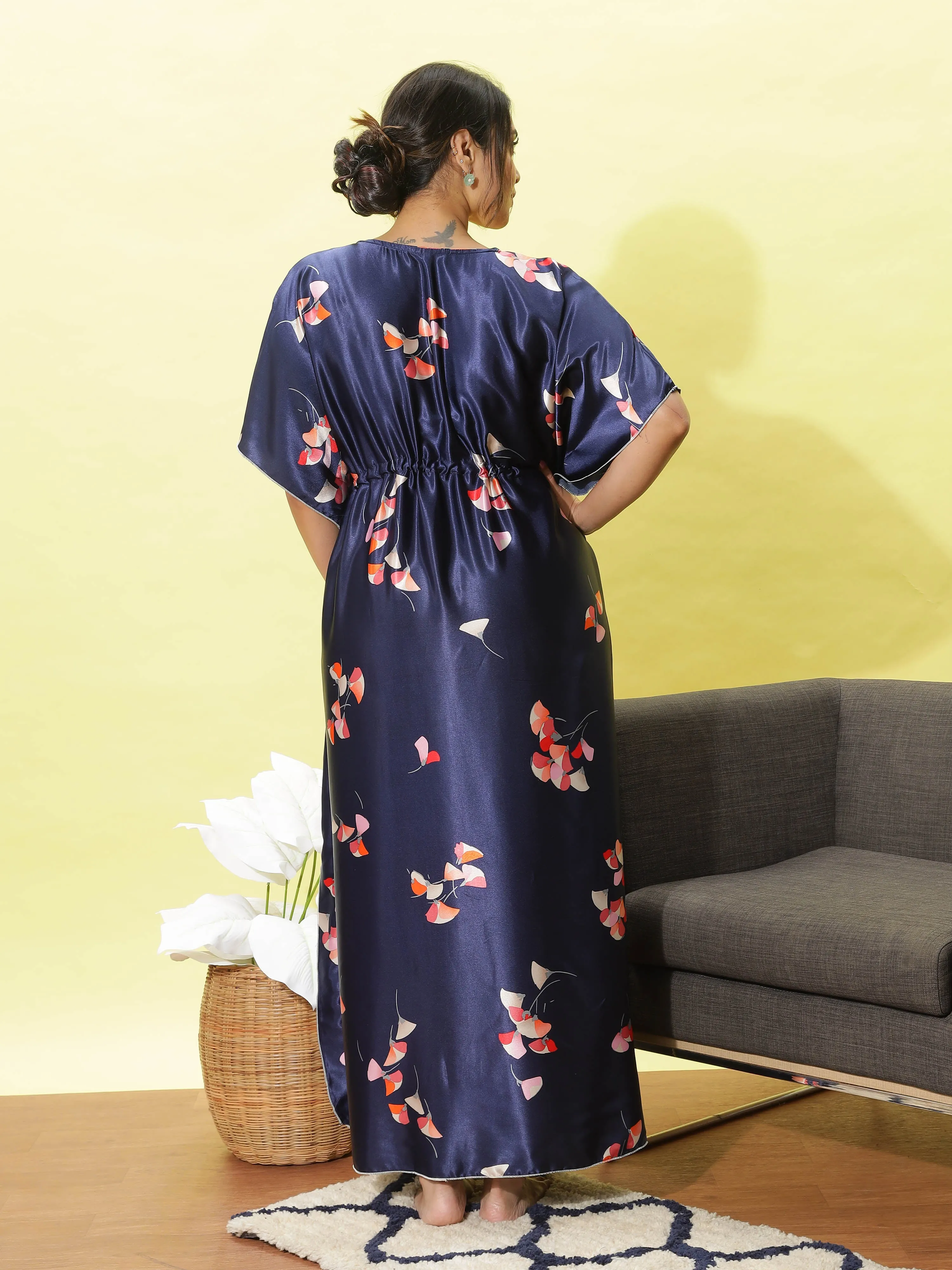 Luxurious Navy Blue Satin Kaftan Nightdress with Adjustable Fit