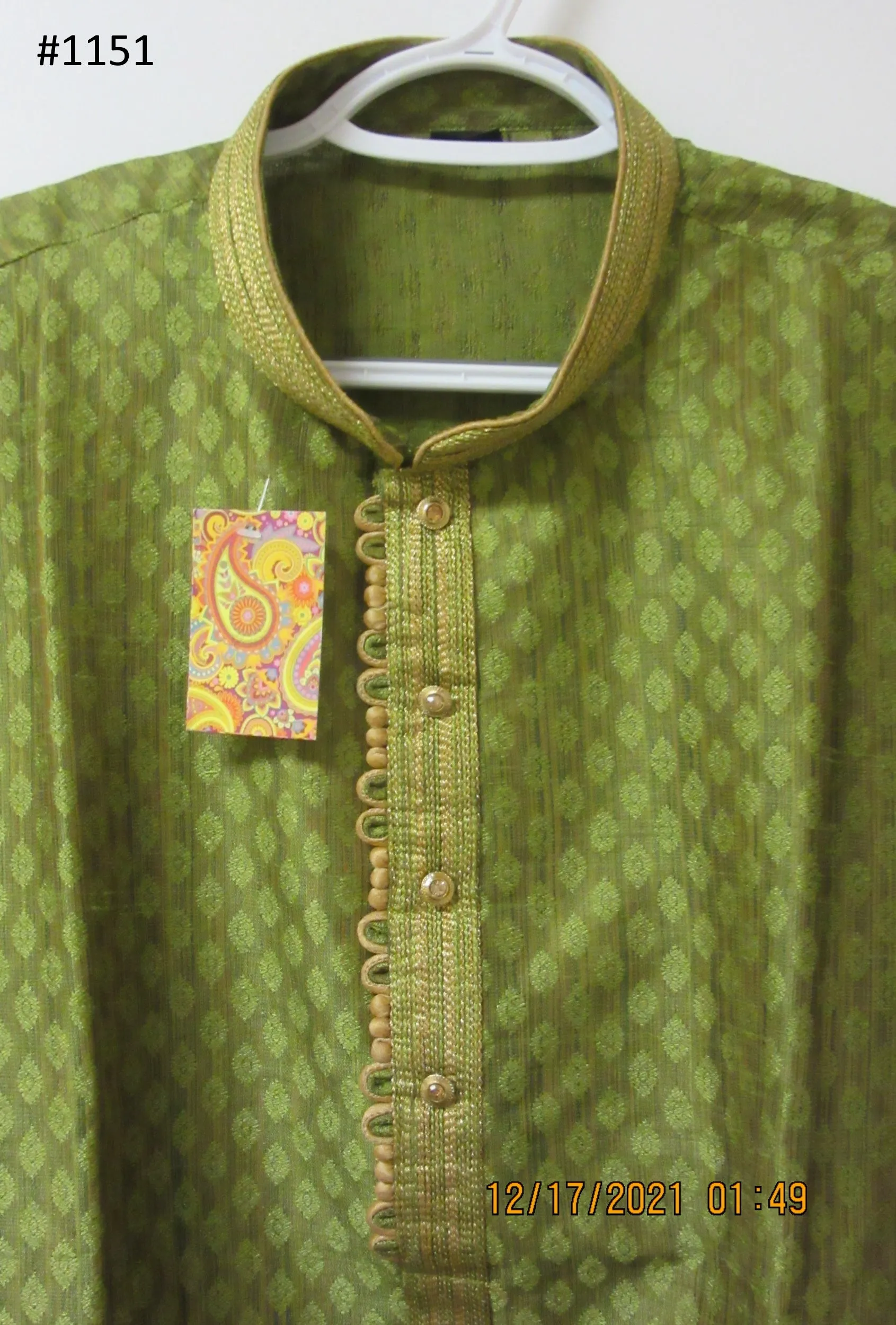 Men's 4581151 Green Dobby Kurta Pajama Set Large 42 Size