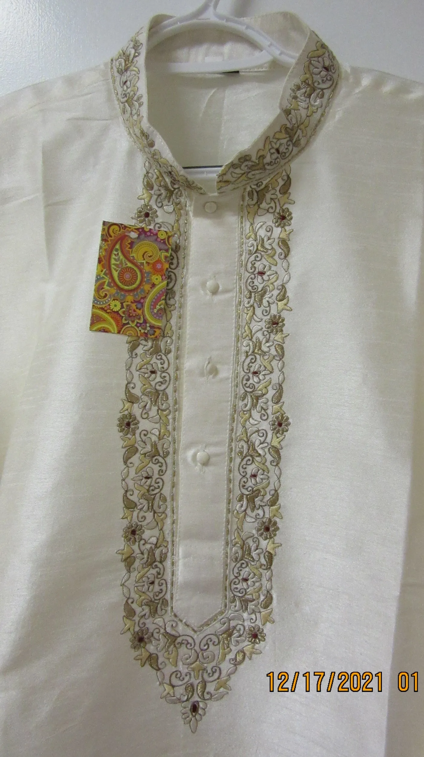 Men's 4581154 Ivory Tussur Kurta Pajama Set Size Medium 38