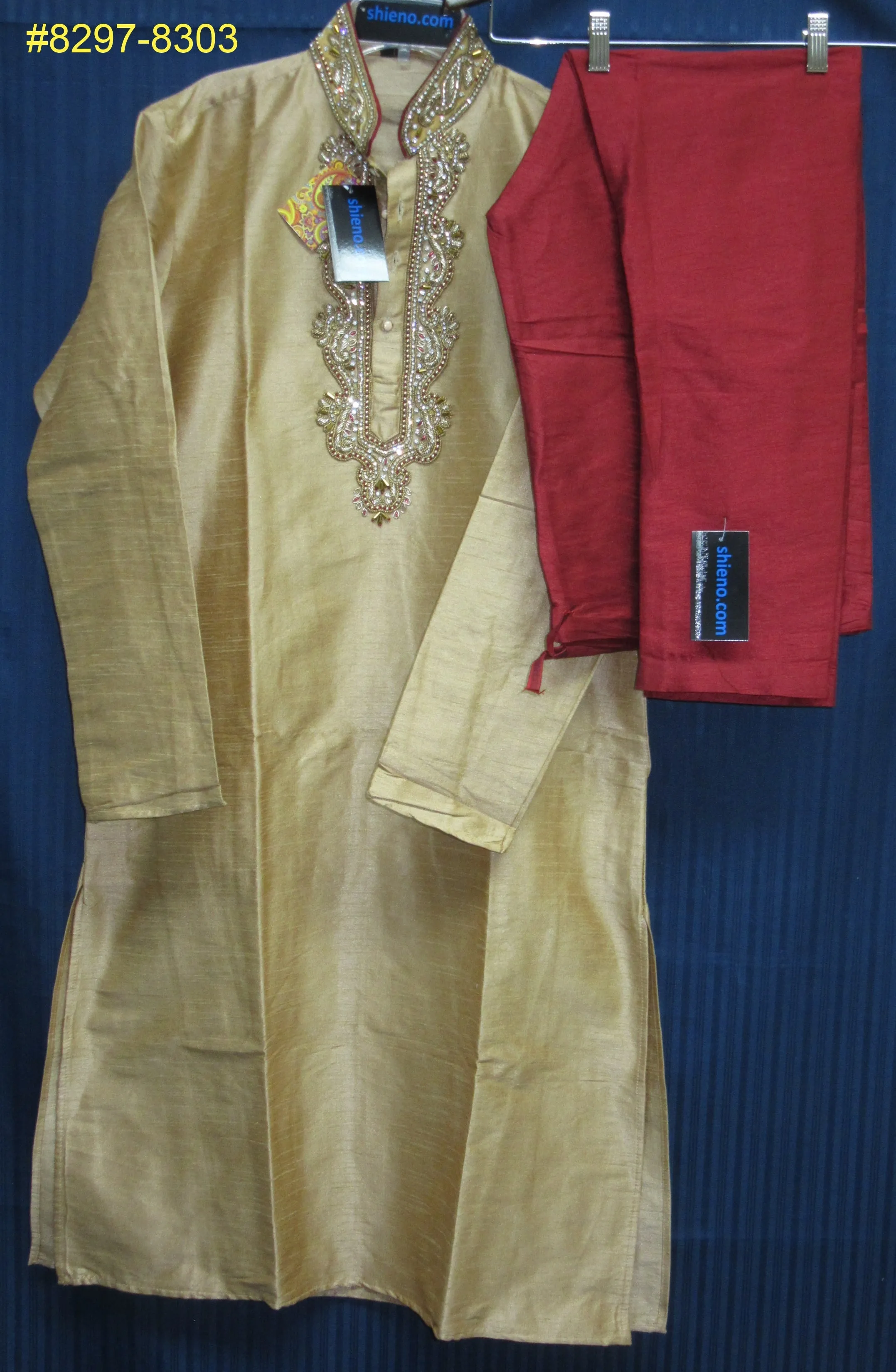 Men's 8303 Golden Tussar Kurta Maroon Tussar Pajama Set Shieno Sarees