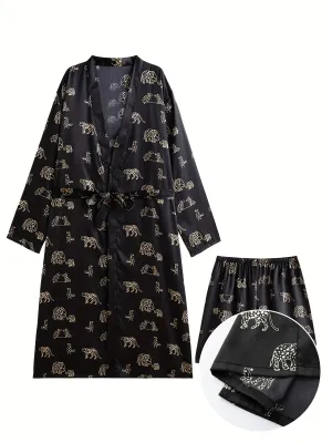 Men's Floral Print Satin Kimono Robe, Geometric-pattern, Vacation Style Comfortable Sleepwear Elegant Style Bathrobe With Belt Spa Home Wear