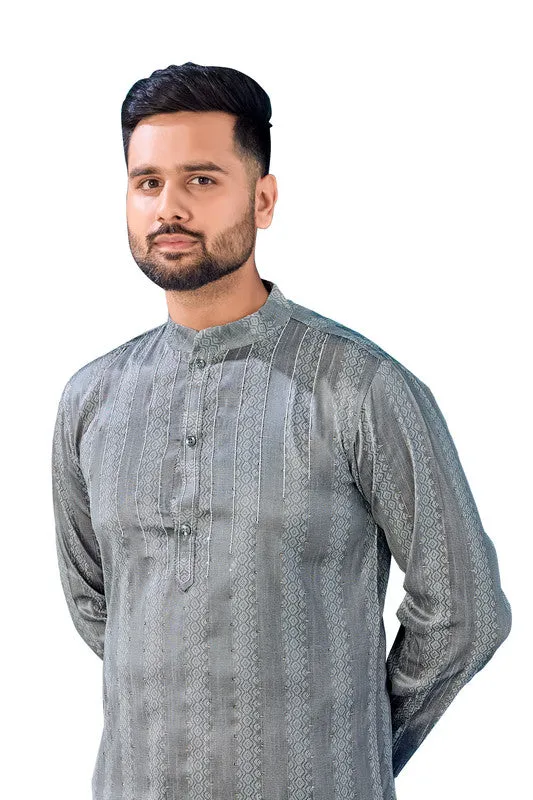 Men's Grey Jacquard Silk Sequence Work Party Wear Kurta With Pajama  Men (Stitched ) - Aastha Fashion Men