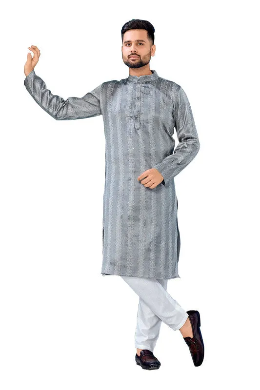 Men's Grey Jacquard Silk Sequence Work Party Wear Kurta With Pajama  Men (Stitched ) - Aastha Fashion Men