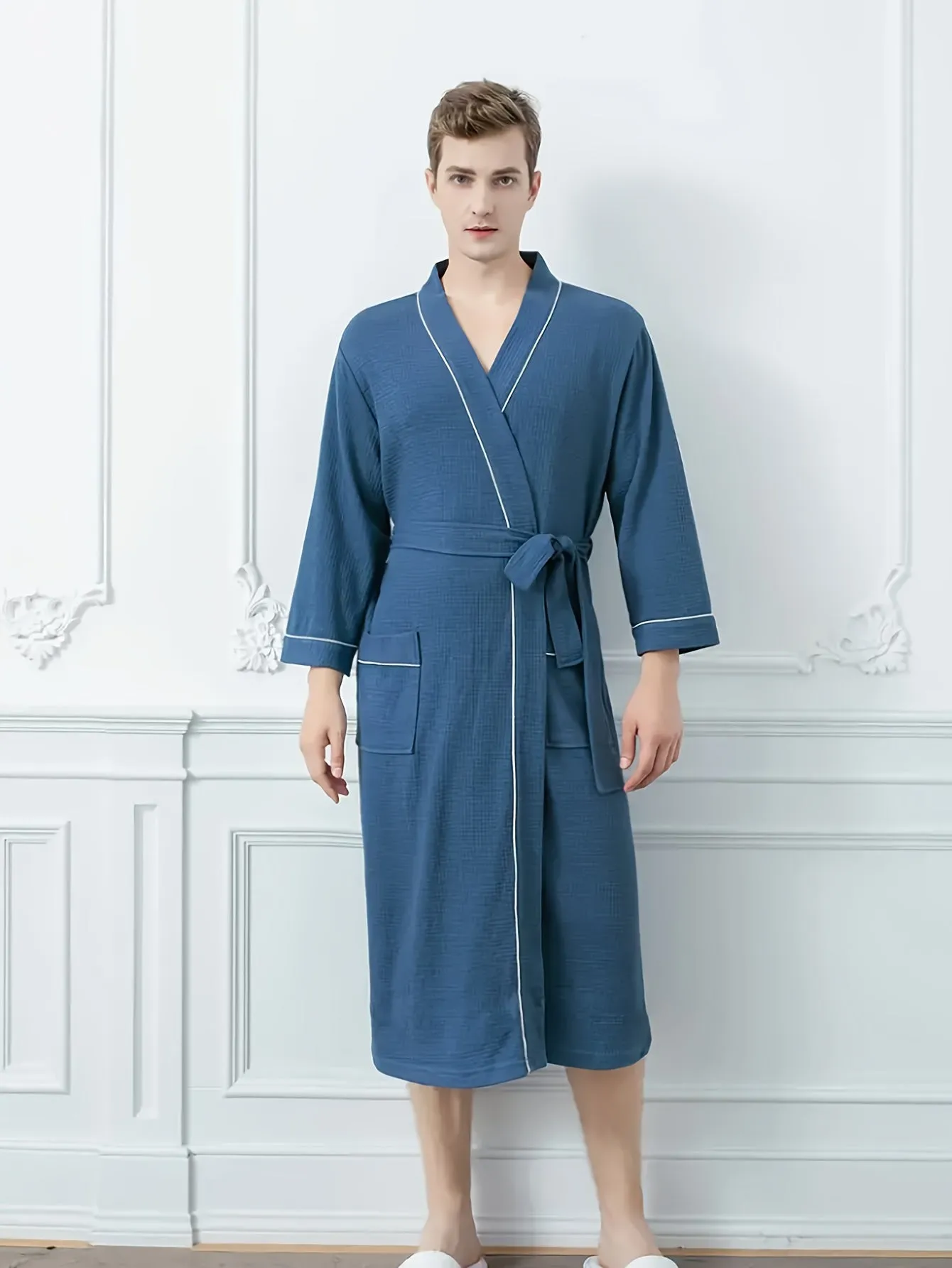 Men's Hotel Satin Kimono Robe, Slight Stretch & V-neck & Solid Color, Vacation & Gentle Style, Comfortable Sleepwear Elegant Style Bathrobe With Belt Spa Home Wear