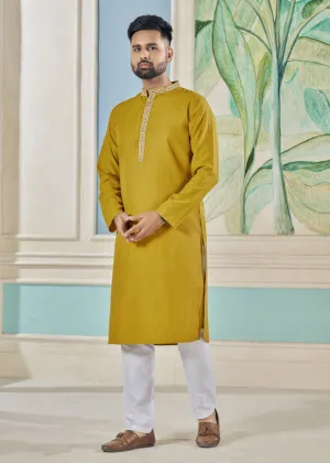 Men's Mustard Viscose Embroidered Party Wear Kurta With Pajama  Men (Stitched ) - Aastha Fashion Men