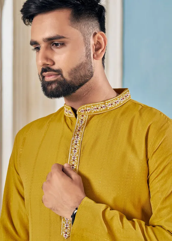 Men's Mustard Viscose Embroidered Party Wear Kurta With Pajama  Men (Stitched ) - Aastha Fashion Men