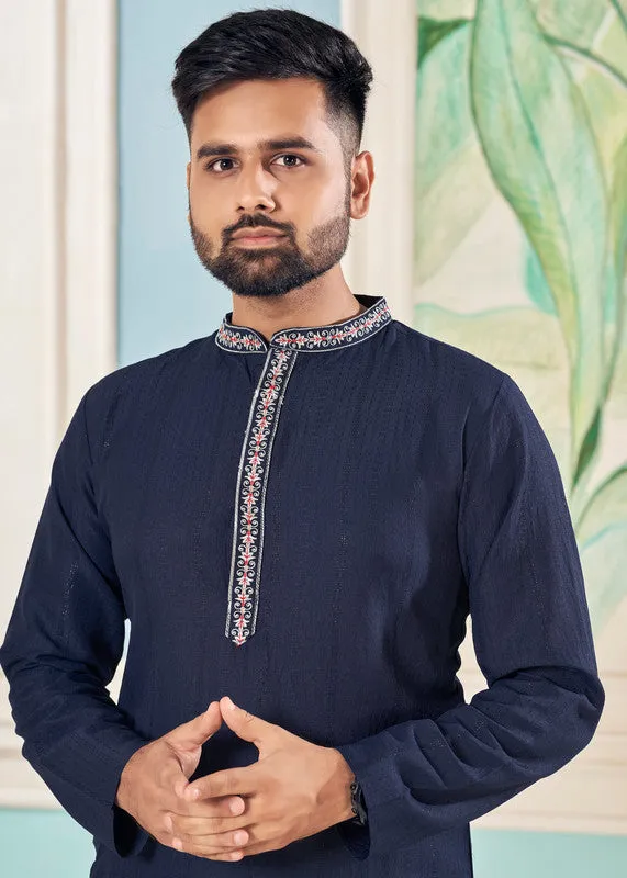 Men's Navy Blue Viscose Embroidered Party Wear Kurta With Pajama  Men (Stitched ) - Aastha Fashion Men