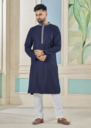 Men's Navy Blue Viscose Embroidered Party Wear Kurta With Pajama  Men (Stitched ) - Aastha Fashion Men