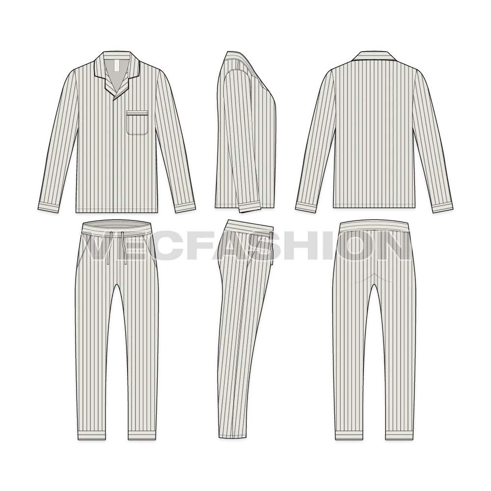 Mens Night Suit Pajama Set Flat Sketch