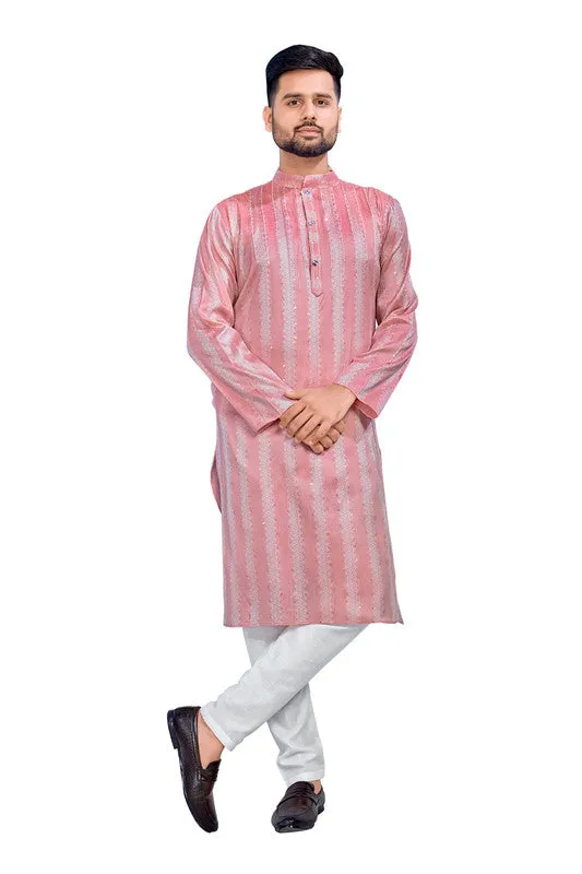 Men's Pink Jacquard Silk Sequence Work Party Wear Kurta With Pajama  Men (Stitched ) - Aastha Fashion Men