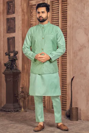 Men's Sea Green Banglori Silk Kurta Pajama With Embroidery Sequence Work Koti  Men (Stitched ) - Aastha Fashion Men