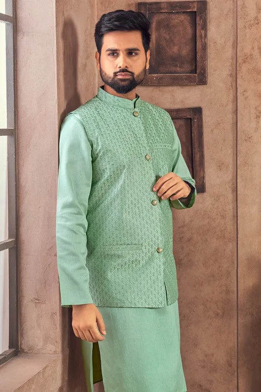 Men's Sea Green Banglori Silk Kurta Pajama With Embroidery Sequence Work Koti  Men (Stitched ) - Aastha Fashion Men