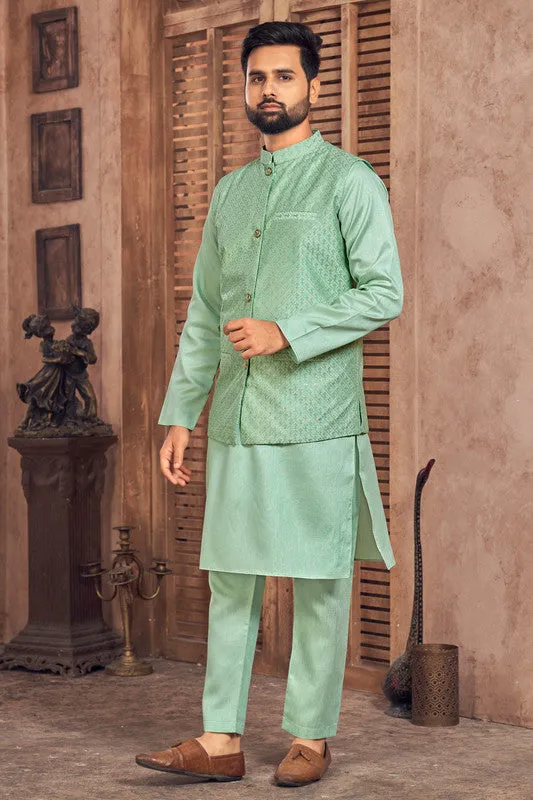 Men's Sea Green Banglori Silk Kurta Pajama With Embroidery Sequence Work Koti  Men (Stitched ) - Aastha Fashion Men