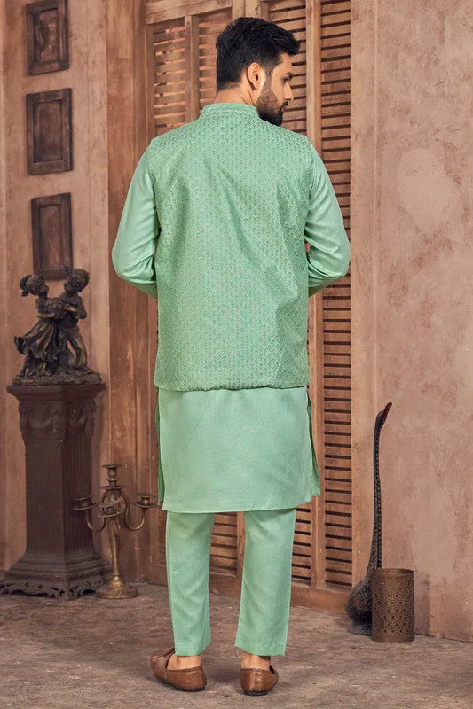 Men's Sea Green Banglori Silk Kurta Pajama With Embroidery Sequence Work Koti  Men (Stitched ) - Aastha Fashion Men