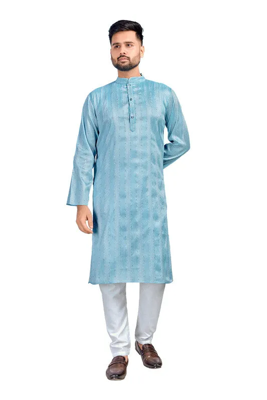 Men's Sky Blue Jacquard Silk Sequence Work Party Wear Kurta With Pajama  Men (Stitched ) - Aastha Fashion Men