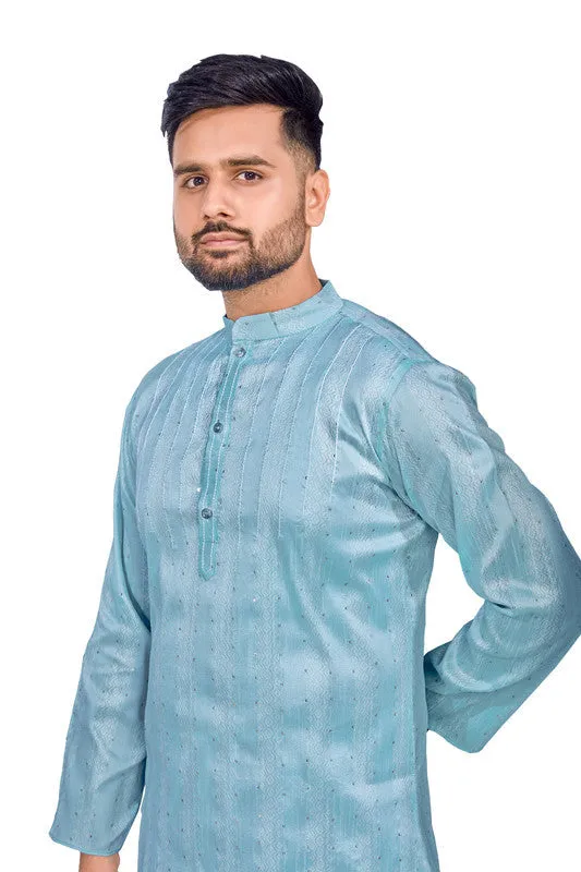 Men's Sky Blue Jacquard Silk Sequence Work Party Wear Kurta With Pajama  Men (Stitched ) - Aastha Fashion Men