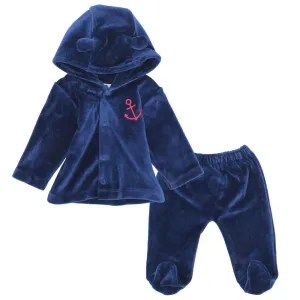 Nautical Navy Long-Sleeved Velvet Hooded Pajama