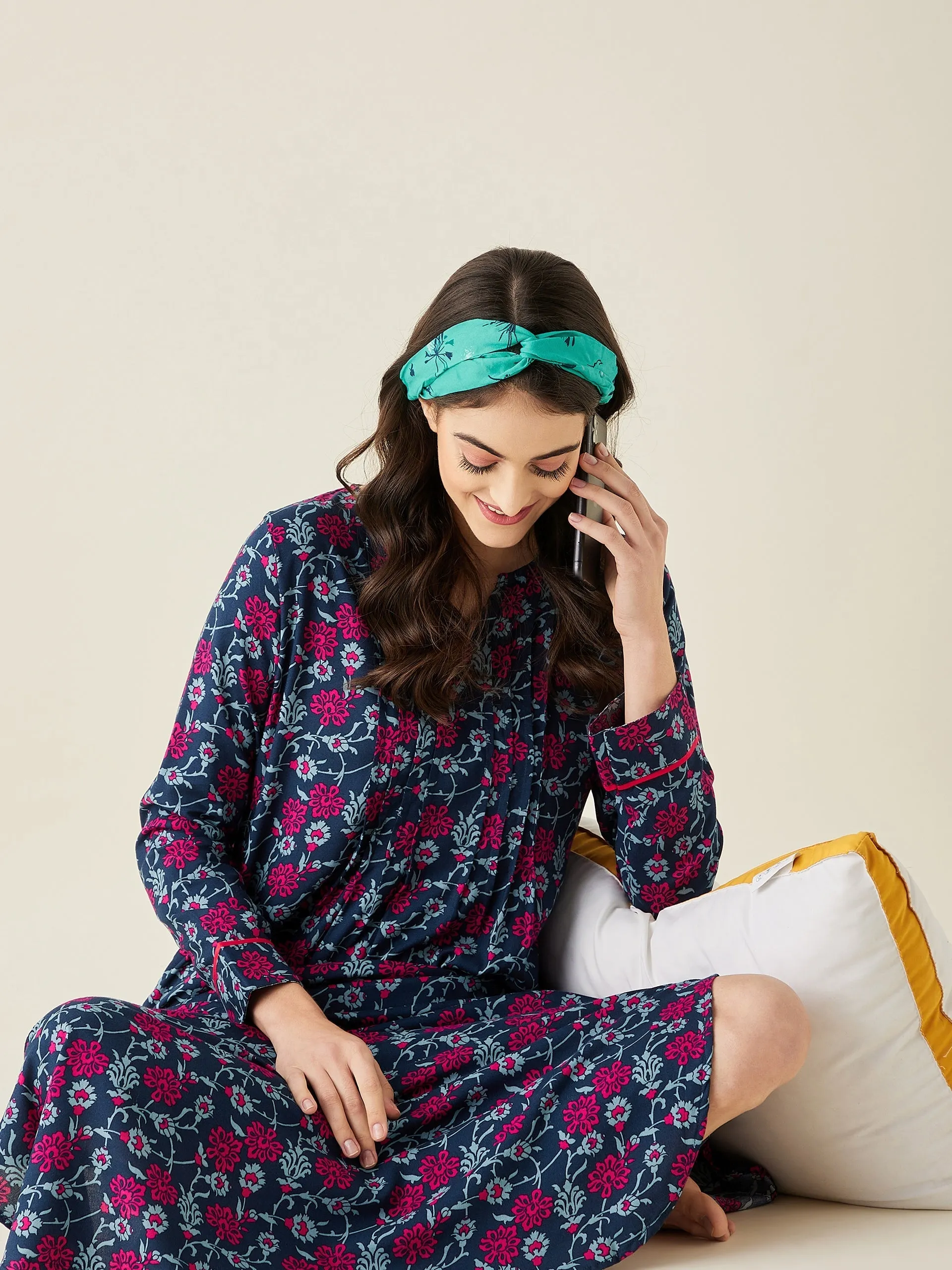 Navy Blue Floral Trellis Viscose Nightdress - The Kaftan Company