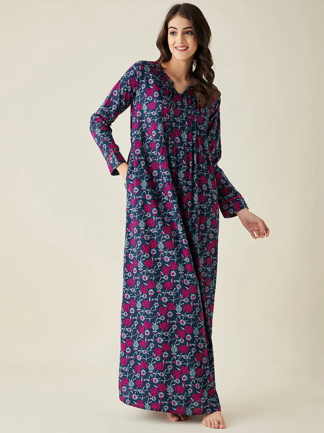 Navy Blue Floral Trellis Viscose Nightdress - The Kaftan Company