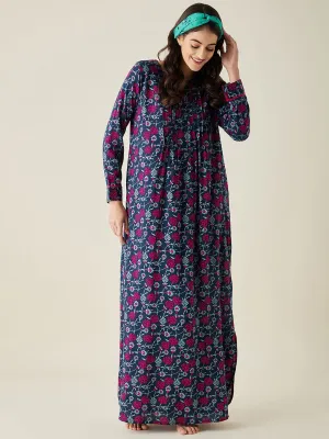 Navy Blue Floral Trellis Viscose Nightdress - The Kaftan Company