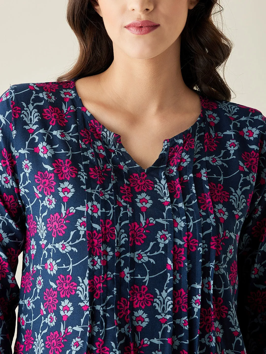 Navy Blue Floral Trellis Viscose Nightdress - The Kaftan Company