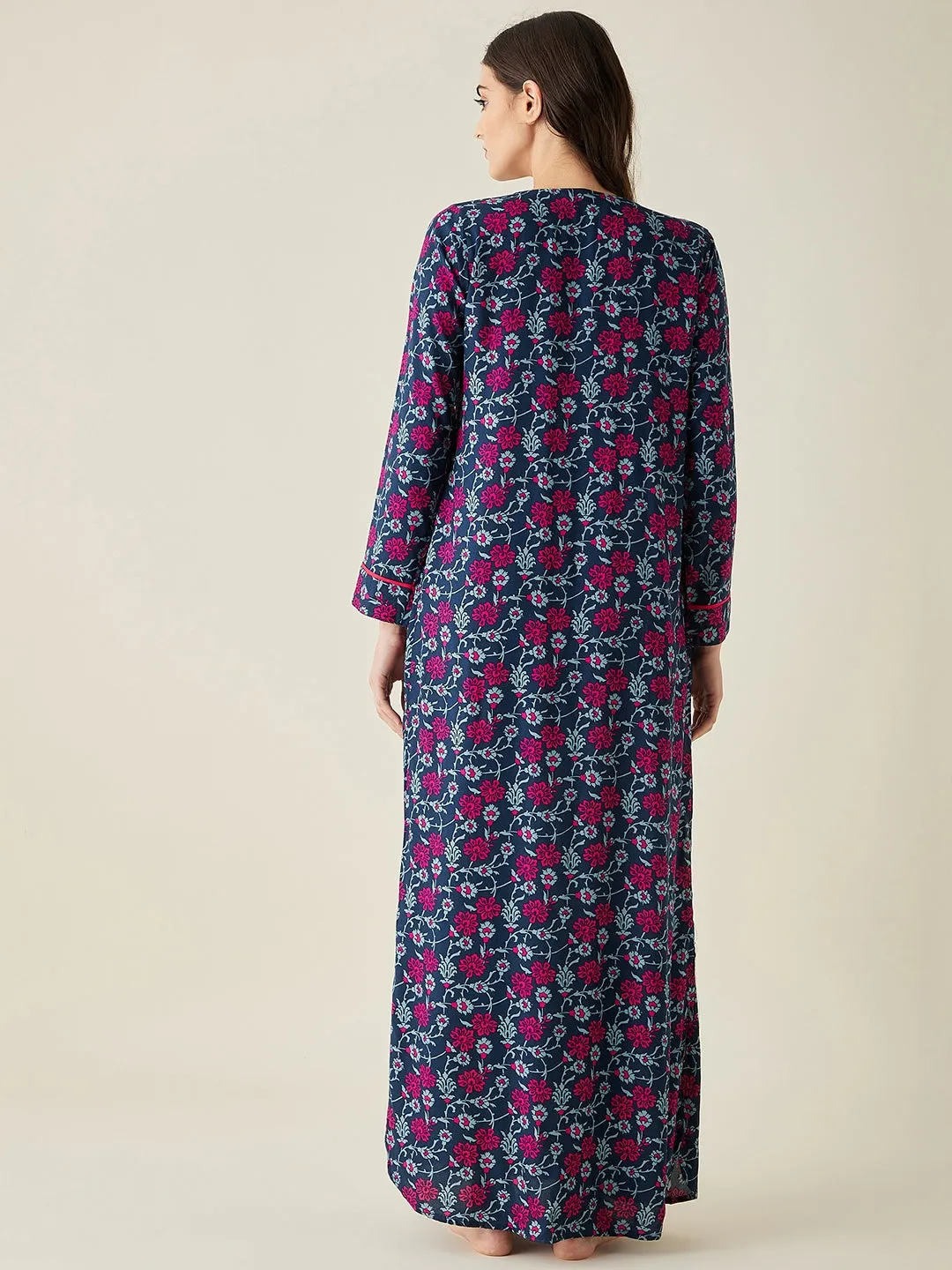 Navy Blue Floral Trellis Viscose Nightdress - The Kaftan Company