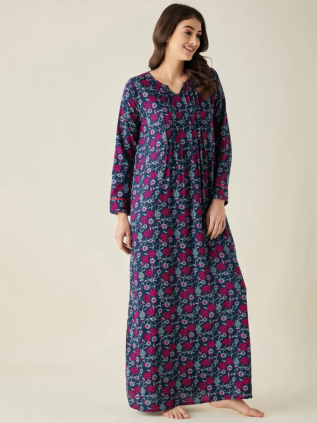 Navy Blue Floral Trellis Viscose Nightdress - The Kaftan Company