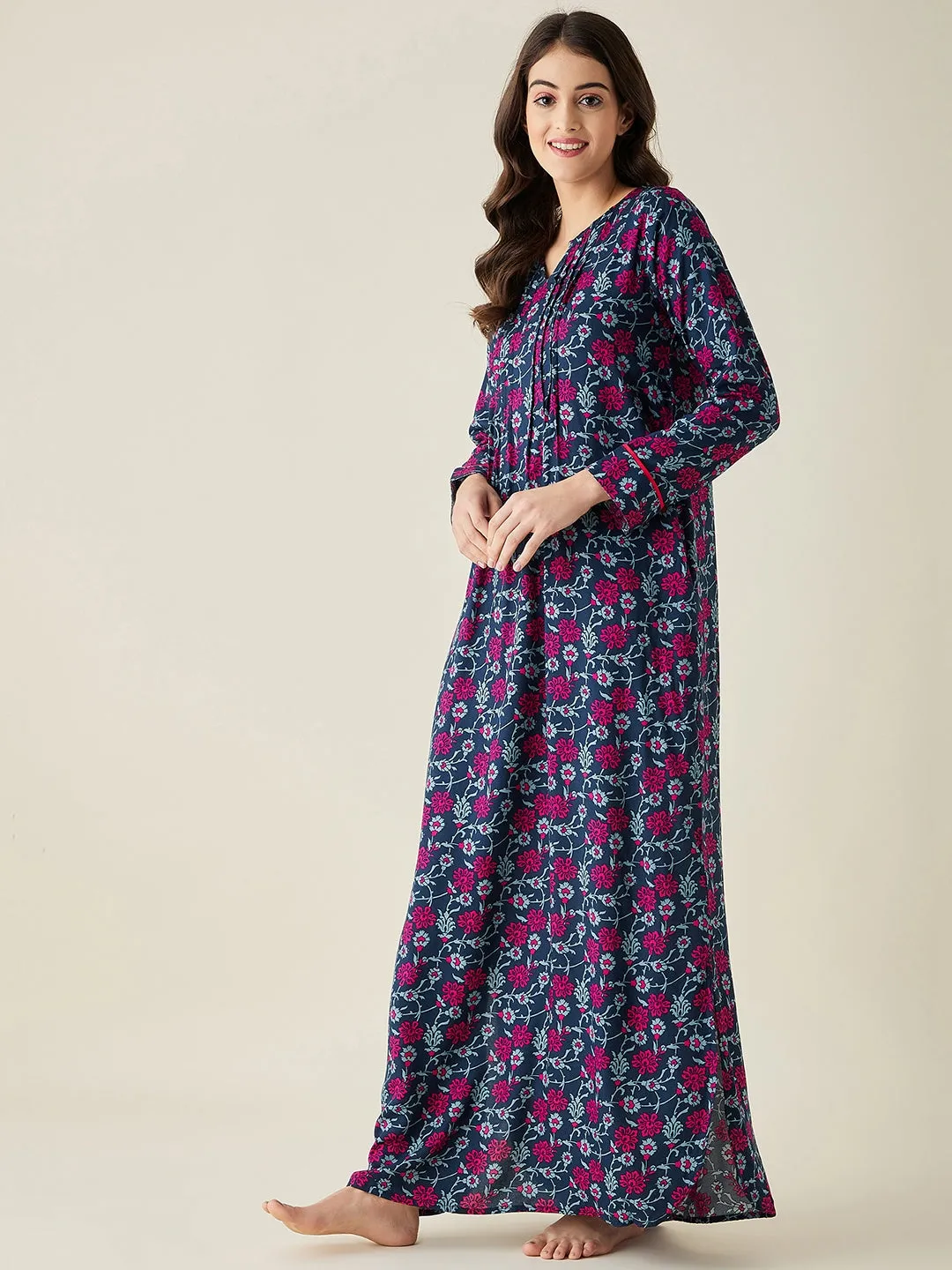 Navy Blue Floral Trellis Viscose Nightdress - The Kaftan Company