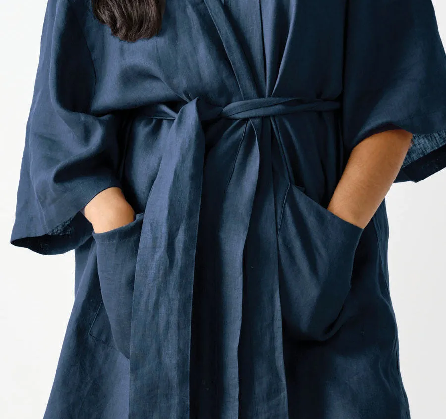 Nimes Linen One Size Short Bathrobe Navy